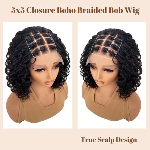 Munx Boho Braided Bob Wig Deep Curly 5x5 Lace Closure with Braided Bob Wigs HD Lace Front Pre Plucked 100% Human Hair 200% Density Square Knotless Boho Box Braiding Wig for Black Women 12in