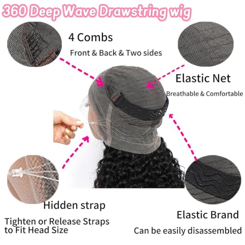360 Full Lace Human Hair Wig with Drawstring Deep Wave 360 Lace Front Wigs Human Hair Hidden Strap Frontal Wigs for Women 200% Density Natural Black 20 Inch