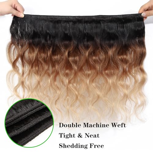 Ombre Human Hair Bundles (T1B/4/27, 20 22 24) Body Wave Bundles Human Hair 12A 100% Brazilian Virgin Remy Hair 3 Tone Black to Honey Blonde Weave