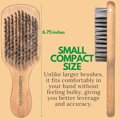 GranNaturals Hard Bristle Slick Back Hair Brush for Men & Women with Thick Curly Hair - Stiff Reinforced Nylon Small Hairbrush for Smoothing, Waves, Beard, Fades, Locs, Dreads