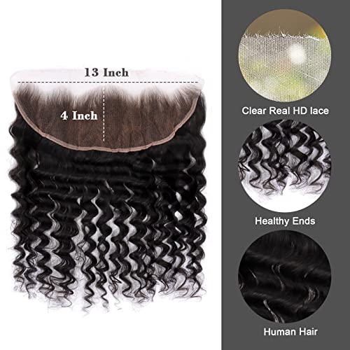 MY SHINY WIGS 13x4 Real HD Lace Frontal, Deep Wave Pre Bleached Knots Hd Frontal 13x4 Pre Plucked Clean Hairline Human Hair Invisible Swiss Lace Natural Black 14 Inch