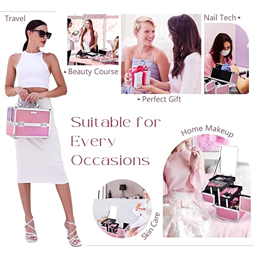 Joligrace Makeup Train Case Makeup Case Organizer Portable Cosmetic Box Storage with 2 Trays Mirror Locking Make Up Travel Case for Nail Kits Cosmetics Craft Traveling Makeup Box Mermaid Pink