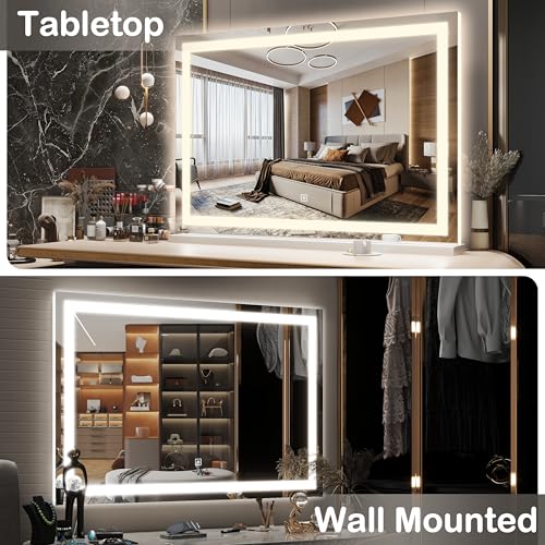 FENNIO Large Vanity Mirror with Lights£¬32" x 22"Lighted Makeup Mirror, Large Makeup Mirror with Lights, Touch Sensor with Dimmable 3 Modes£¬ Vanity Mirror Square White