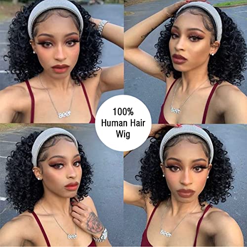 Short Curly Headband Wigs Human Hair Wig for Black Women, Glueless Kinky Curly Weave Wigs 100% Unprocessed Hair None Lace Front Wigs Color 1B 150% Density (14", 1B, Curly)