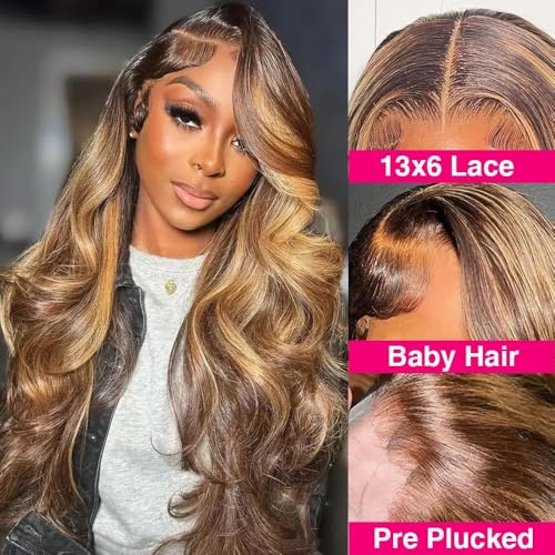 250% Density Honey Blonde Body Wave Lace Front Wig Human Hair 4/27 Highlight Ombre Lace Front Wigs 13x6 Glueless HD Transparent Lace Frontal Wig for Women Pre Plucked with Baby Hair (30inch)