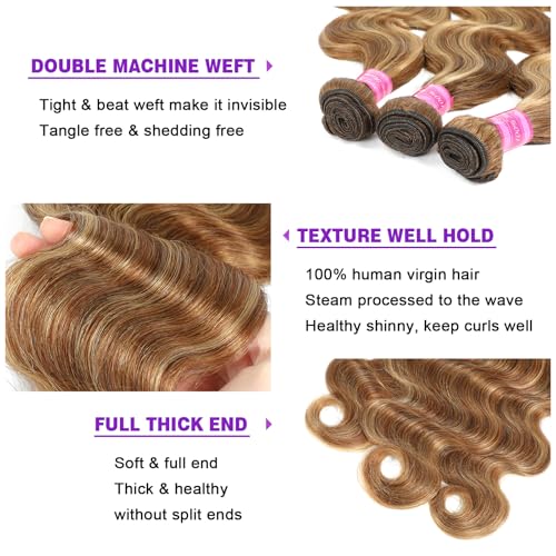 Vallbest Ombre Human Hair Bundles with Closure 20 22 24 +18 Inch Highlight Blonde Bundles Human Hair 4/27 Brown Body Wave with 4x4 Closure 12A Brazilian Virgin Remy Weave Raw Hair Extensions