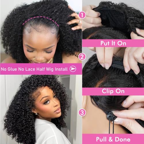 Kinky Curly Half Wig Human Hair Wear Go Glueless Wigs 22 Inch Curly 3 In 1 Half Wigs for Black Women Drawstring Seamless Flip Headband Wig Human Hair Beginner Friendly
