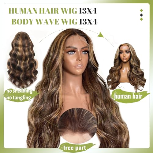 Ombre Lace Front Wigs Human Hair 13x4 Highlight 4/27 Body Wave Wig Pre Plucked Honey Brown Blonde Wig Human Hair with Free Part 180% Density Glueless Colored Wig for Women 32 Inch