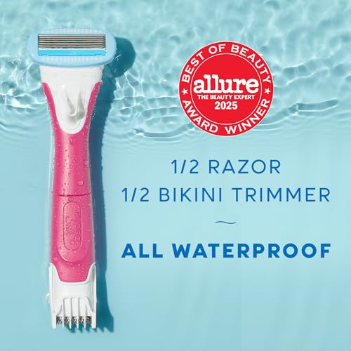 Schick Hydro Silk TrimStyle Razor with Bikini Trimmer for Women | 2-in-1 Bikini Razor for Women and Womens Trimmer for Pubic Hair, Includes 1 Waterproof Handle, 3 Refills & 1 AAA Battery