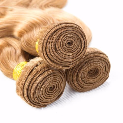 26 28 30 inch Honey Blonde Bundles Human Hair Color 27 Body Wave Bundles Double Weft Honey Blonde Body Wave Human Hair Extensions Soft and Silky for Women Color 27 Bundle