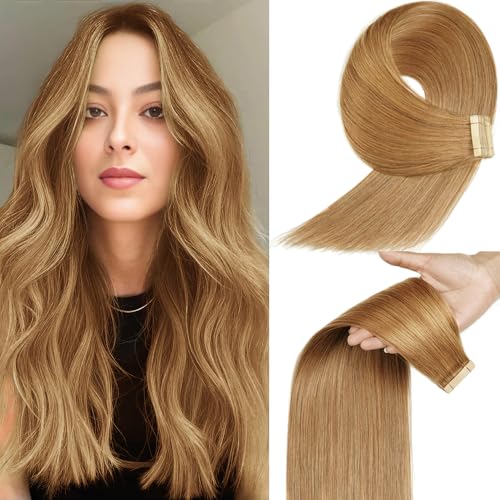 YDDM Tape in Hair Extensions Human Hair, 24 Inch 40Pcs Honey Blonde Straight 100% Real Human Hair for Women Seamless Invisible Tape in Hair Extensions(27#, 24 Inch, 40pcs)