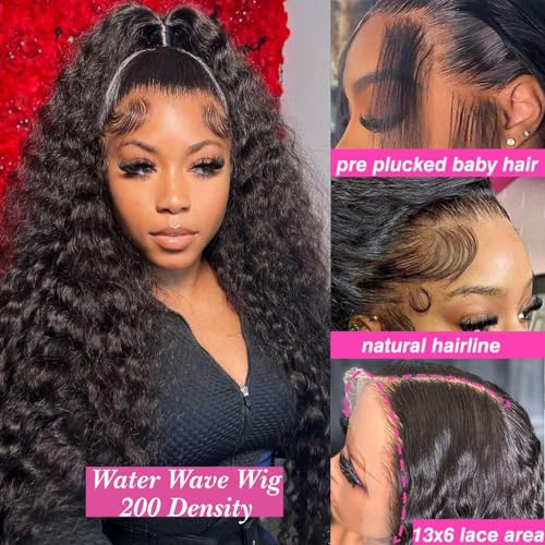 30 Inch Water Wave Lace Front Wigs Human Hair 13x6 HD Full Lace Frontal Wigs 200 Density Pre Plucked Wet and Wavy Glueless Deep Curly Human Hair Wigs for Black Women Natural Black