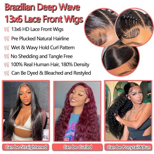 34 Inch Curly Human Hair Wig Deep Wave 13x6 Lace Front Wigs Human Hair Pre Plucked 180% Density Glueless Wigs Human Hair HD Lace Frontal Wigs Natural Color