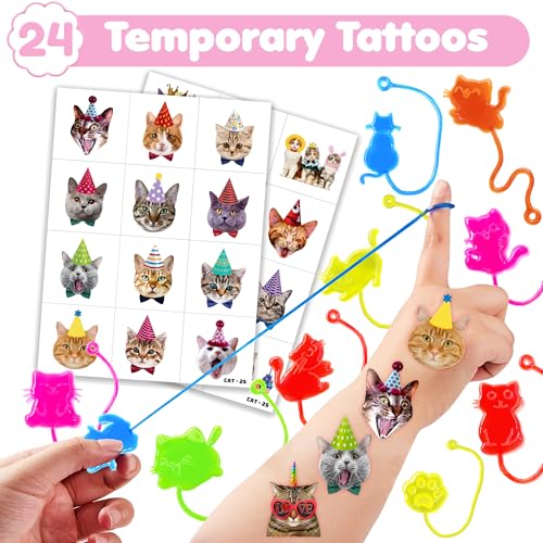 48PCS Cat Party Favors - 24PCS Temporary Tattoos & 24PCS Stick Hands - Perfect Birthday Party Supplies, Goodie Bag Stuffers, Treasure Box Toys, Classroom Prizes, and Student Gifts
