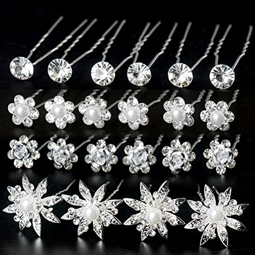 40 Pieces Bridal Hair Pins, Clips and Barrettes with Crystal Pearl Flowers, Women's Proms Hair Jewelry Accessories, Gift Stocking Stuffers for Girls