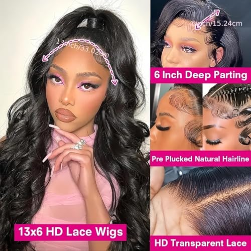 13x6 Lace Front Wigs Human Hair Body Wave Lace Front Human Hair Wigs Pre Plucked HD Lace Front Wigs 180% Density Frontal Glueless Human Hair Wigs with Baby Hair (13x6-body wave, 30INCH)
