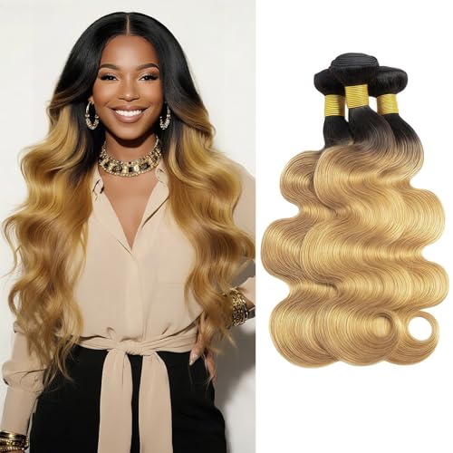 T1B/27 Body Wave Human Hair Bundles 26 28 30 Inch 3 Bundles Brazilian Virgin Remy Hair Extensions Ombre Natural Black to Honey Blonde Weave for Black Women