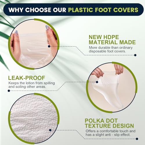200PCS Plastic Foot Covers for Feet, Leak-Proof Plastic Foot Masks for Moisturizing Feet, Pedicure & Foot Care, 200 Stickers for Snug Closure Included (Fits up to USA 9)
