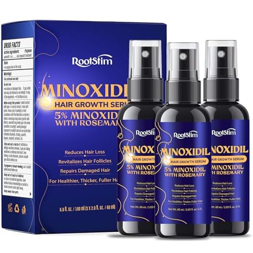 5% Minoxidil Hair Growth for Men and Women: 3-Pack RootStim Extra Strength Minoxidil with Rosemary for Thinning Hair Regrowth and Fuller Hair 180 ML