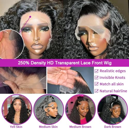 13x4 Deep Wave Lace Front Wigs Human Hair 250% Density Deep Wave Frontal Wigs Human Hair HD Lace 26 Inch Curly Wigs for Black Women Pre Plucked with Baby Hair Curly Lace Front Wig