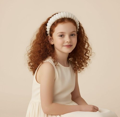 Bownita Girls' Handmade Headbands, Wide, Classic, All-Day Comfort, Non-Slip without Teeth(White Pearl, Free Size)