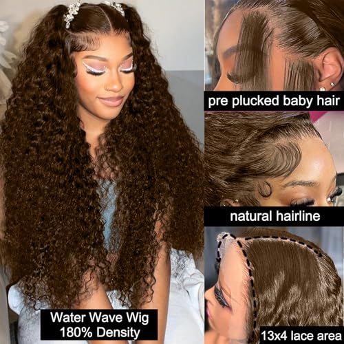Chocolate Brown 13x4 Lace Front Wigs Human Hair 220 Density Deep Wave HD Lace Front Wigs 4# Curly Glueless Wigs Pre Plucked 13x4 Frontal Human Hair Wigs for Women (24 Inch)