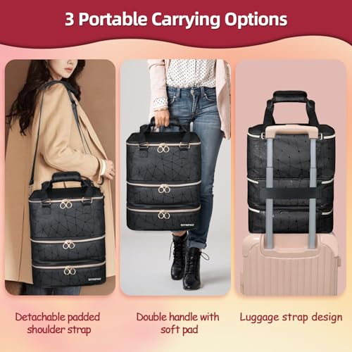 Nail Polish Organizer Bag Holds 84 Bottles (15ml/0.5fl.oz)& Nail Lamp, 3 Layers Detachable Nail Kit Storage Case PU Leather, Large Travel Nail Supplies Shoulder Bag for Manicure Tools (Black)