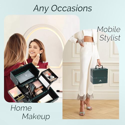 Makeup Train Case 2 Trays Makeup Box Organizer Portable Travel Makeup Case Lockable Makeup Storage Organizer Cosmetic Box for Jewelry Nail Tech Brushes Accessories Tool,Green Pro