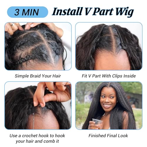 Kinky Straight V Part Wig Human Hair Upgrade Glueless Wigs 100% Real Human Hair U part Half Wigs With Clip in V Part Wig Glueless With Drawstring Kinky Straight Human Hair Beginner Friendly 20 Inch