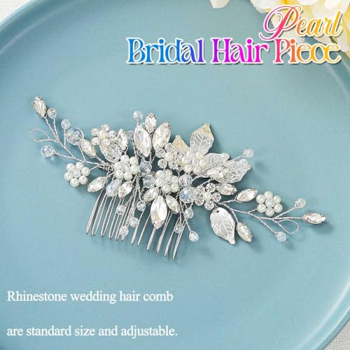 Gorais Leaf Bride Wedding Hair Comb Pearl Bridal Hair Piece Crystal Side Comb Hair Accessories for Women and Girls