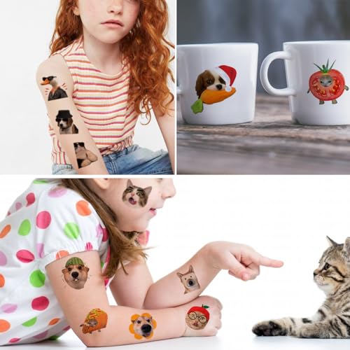 Cute Cat Meme Temporary Tattoos - 74 Individually Sheets Funny Animals Meme Tattoos for Birthday Decorations Party Supplies, School Rewards Gifts Ideas for Girls Boys