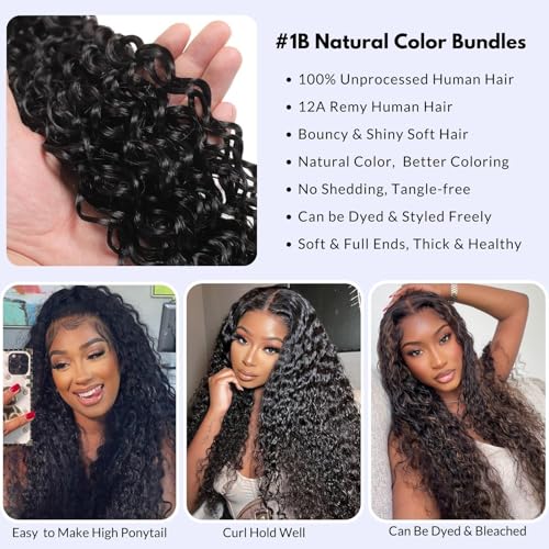 Water Wave Human Hair Bundles Curly Bundles 20 22 24 Inch, Natural Black Wet And Wavy Sew In Weave, Soft & Shed-free 12A 100% Brazilian Virgin Remy Hair 3 Bundles