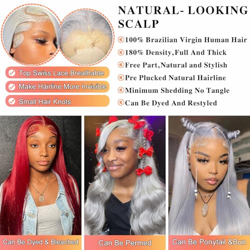 Silver Grey Lace Front Wigs Human Hair 13X6 Straight Hd Transparent Grey Lace Front Wig Human Hair Wear and Go Glueless Gray Wigs Human Hair Pre Plucked 26 Inch Colored hd Frontal Wigs for Black Women