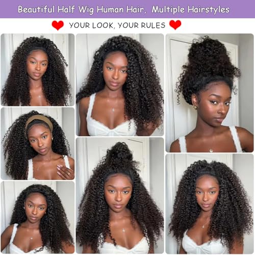 22 Inch Half Wig Human Hair 210 Density Kinky Curly Half Wig for Black Women 3 In 1 Seamless Flip Over Human Hair Half Wig Glueless Wear and Go Beginner Friendly Drawstring Headband Wig Human Hair