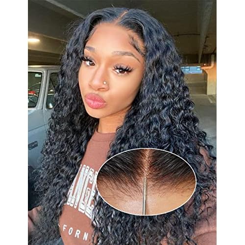 24 inch Glueless Wigs Human Hair Pre Plucked Pre Cut 7X5 HD Lace Upgrade Invisible Knots Wear and Go Deep Wave No Glue Lace Wig, Glueless Wig Human Hair Wigs Natural black 200% Density