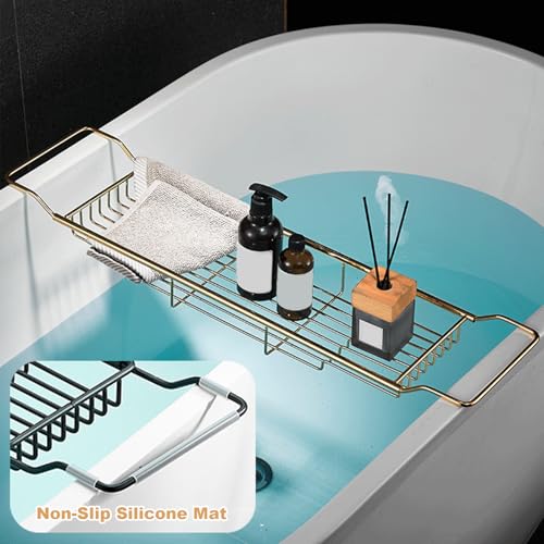 Stainless Steel Bathtub Caddy Tray, Expandable Bath Tub Tray Table, Adjustable Bathroom Tray, Bath Organizer Tub Shelf,Black,26.8~35.4in