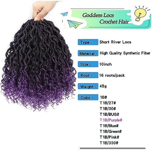 Purple River Locs Crochet Hair Black Women 8 Packs 10Inch Short Goddess Locs Crochet Hair Curly Faux Locs Hair Pre Looped Crochet Braids Hair Boho Hippie Locs Hair Extensions(#T1B/Purple 10inch)