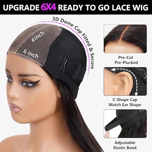 Glueless Wigs Human Hair Pre Plucked Pre Cut 6x4 Straight Lace Front Wigs Human Hair 30 Inch Hd Lace Front Closure Wigs for Women 180% Density Wear and Go Glueless Wig Ready to Wear Natural Black
