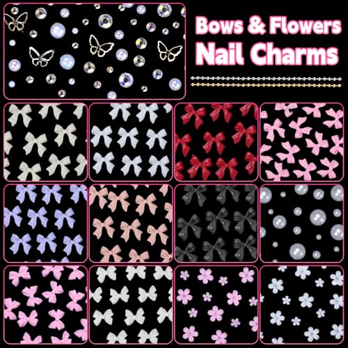 2 Boxes Mixed 3D Nail Charms and Rhinestones, Color Bows Bowknots Flowers Acrylic Nail Art Charms, Flatback Pearl Nail Gems Charms DIY Nail Art Accessories