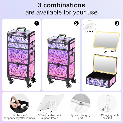 Rolling Makeup Case with Lighted Mirror, Makeup Train Case with Large Drawer, Cosmetology Case, Travel Makeup Organizers, Professional for Salon Barber, Nail, Tattoo, Multicolor Purple
