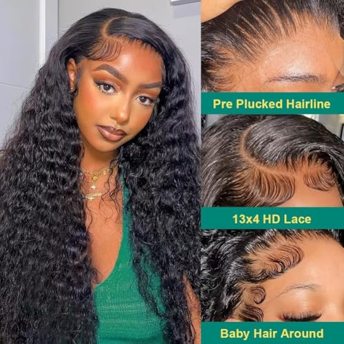 Sweetie 30 Inch Deep Wave Lace Front Wigs Human Hair 210% Density 13x4 HD Transparent Lace Frontal Wigs Deep Curly Human Hair Wig for Women 12A Deep Curly Wigs Human Hair Pre Plucked with Baby Hair