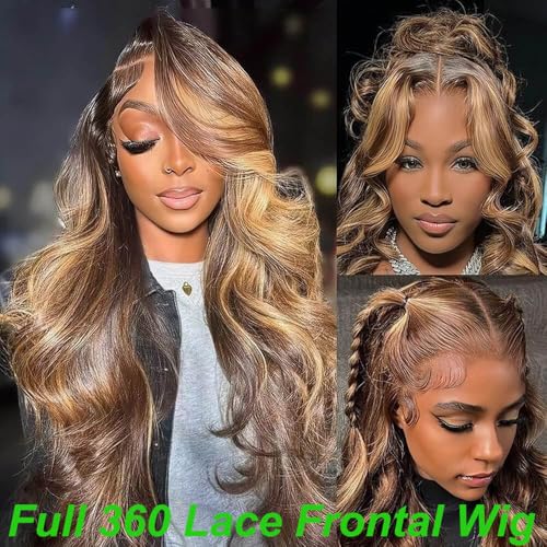 Highlight 360 Body Wave Lace Front Wigs Human Hair, 250 Density Ombre Honey Blonde Lace Front Wigs for Women, 4/27 Glueless 360 HD Lace Frontal Wig 26 Inch, Gifts for Birthday, Travel, Party