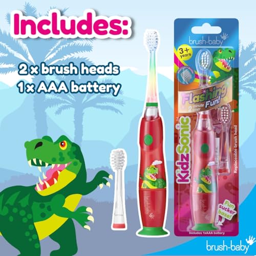 brush-baby - KidzSonic Dinosaur Kids Electric Toothbrush for Ages?3+ with Disco LED Lights, Gentle Sonic Vibrations, 2-Minute Smart Timer & 30?Second Pulse Reminders ? AAA Battery Included