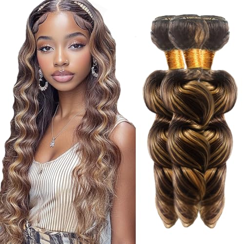 P4/27 Highlight Blonde Bundles Human Hair Loose Wave Bundles 34 34 34 Inch Human Hair Weave 3 Bundle Unprocessed Brazilian Virgin Hair Brown Loose Deep Wave Human Hair Extensions 50 Grams/Bundle