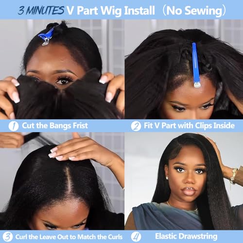 Cheetahbeauty Kinkystraight V Part Wig Human Hair with Elastic Drawstring 18 Inch No Leave Out Lace Front Wigs Upgrade Glueless U Part Wigs 180% Density Yaki Straight Half Wigs for Women Natural Color