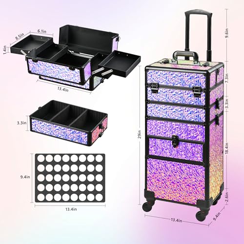 Makeup Train Case with Drawer, Rolling Makeup Case, Cosmetology Case on Wheels, Gift, Large Makeup Case Organizers, Professional for Salon Barber, Nail, Tattoo, Black Colourful