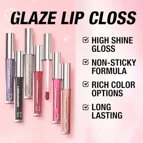 LANGMANNI 10 Colors Diamond Glitter Lip Gloss Set,Long Lasting High Shine Shimmer Liquid Lipstick Set,Hydrating,Moisturizing Lip Gloss Kit Gift Makeup For Girls