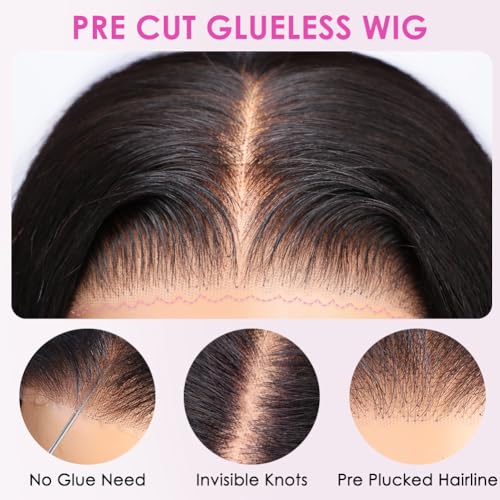 Pizazz 13x6 Straight Glueless Wig Human Hair Pre Plucked Pre Bleached Pre Cut Upgrade Invisible Drawstring Wig with Tapes 220 Density Ready to Go HD Frontal Human Hair Wigs for Women 20 Inch
