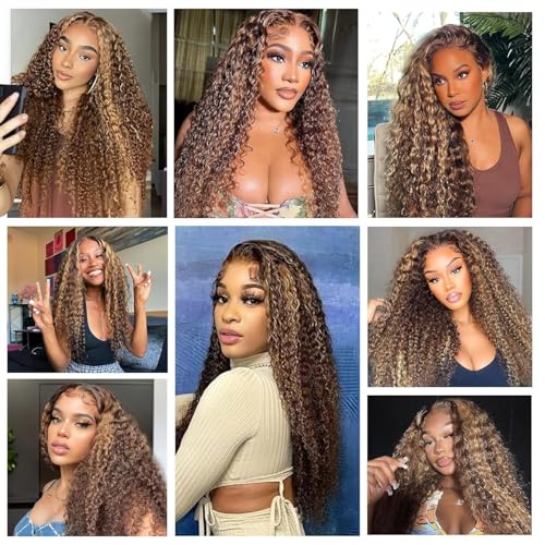 30 Inch 13x6 Lace Front Wig Human Hair Wigs Highlight Deep Wave Wigs 180% Density 4/27 HD Curly Honey Blonde Wig Human Hair Pre Plucked Colored Wigs
