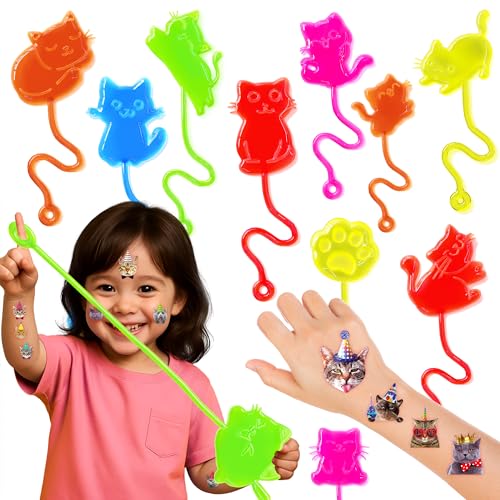 48PCS Cat Party Favors - 24PCS Temporary Tattoos & 24PCS Stick Hands - Perfect Birthday Party Supplies, Goodie Bag Stuffers, Treasure Box Toys, Classroom Prizes, and Student Gifts